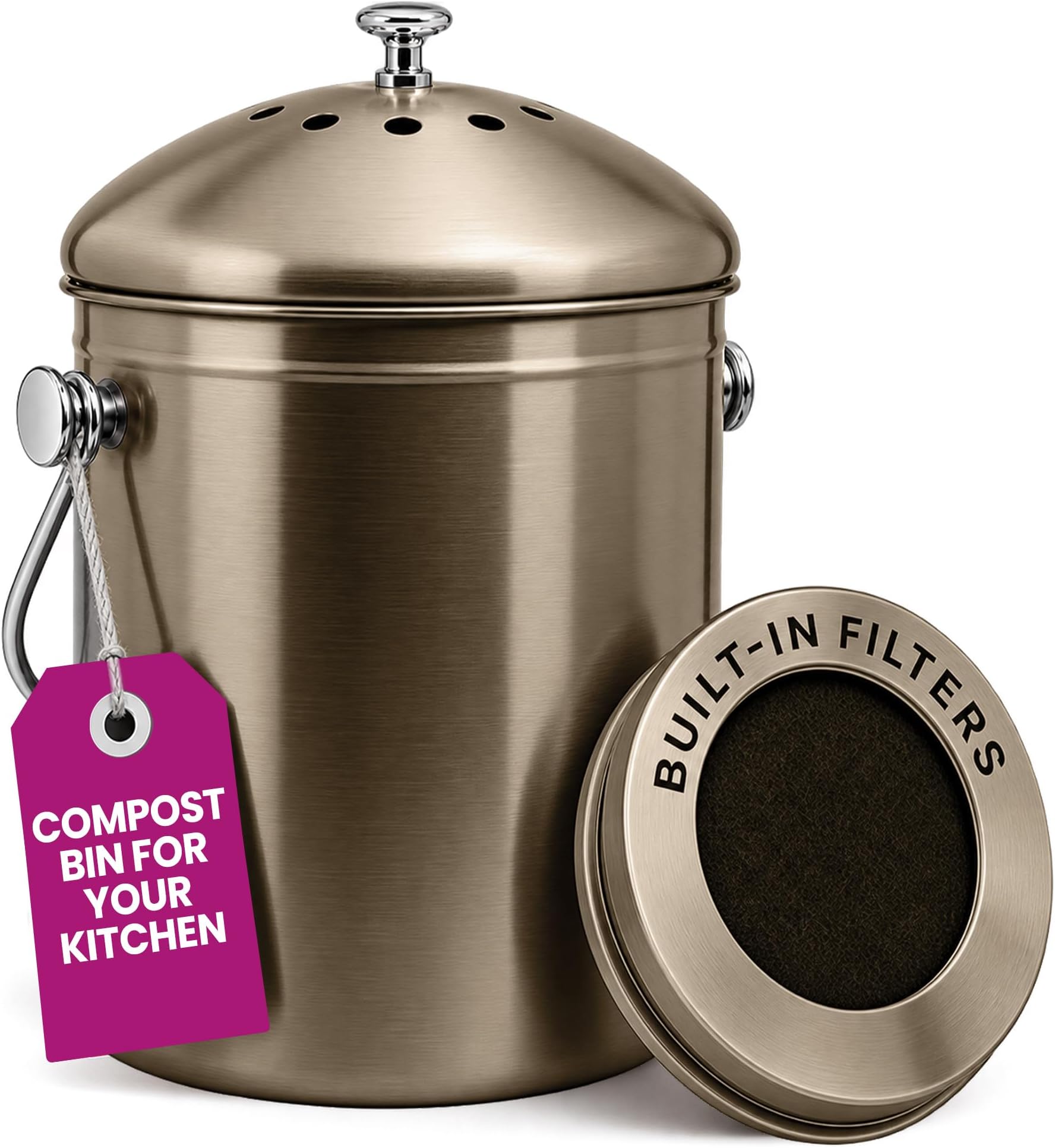 EPICA Countertop Compost Bin Kitchen | 1.3 Gallon Odorless Composting Bin with Carbon Filters Indoor Compost Bin with Lid Stainless Steel Kitchen Composter for Food Scraps Waste Recycling (Bronze)