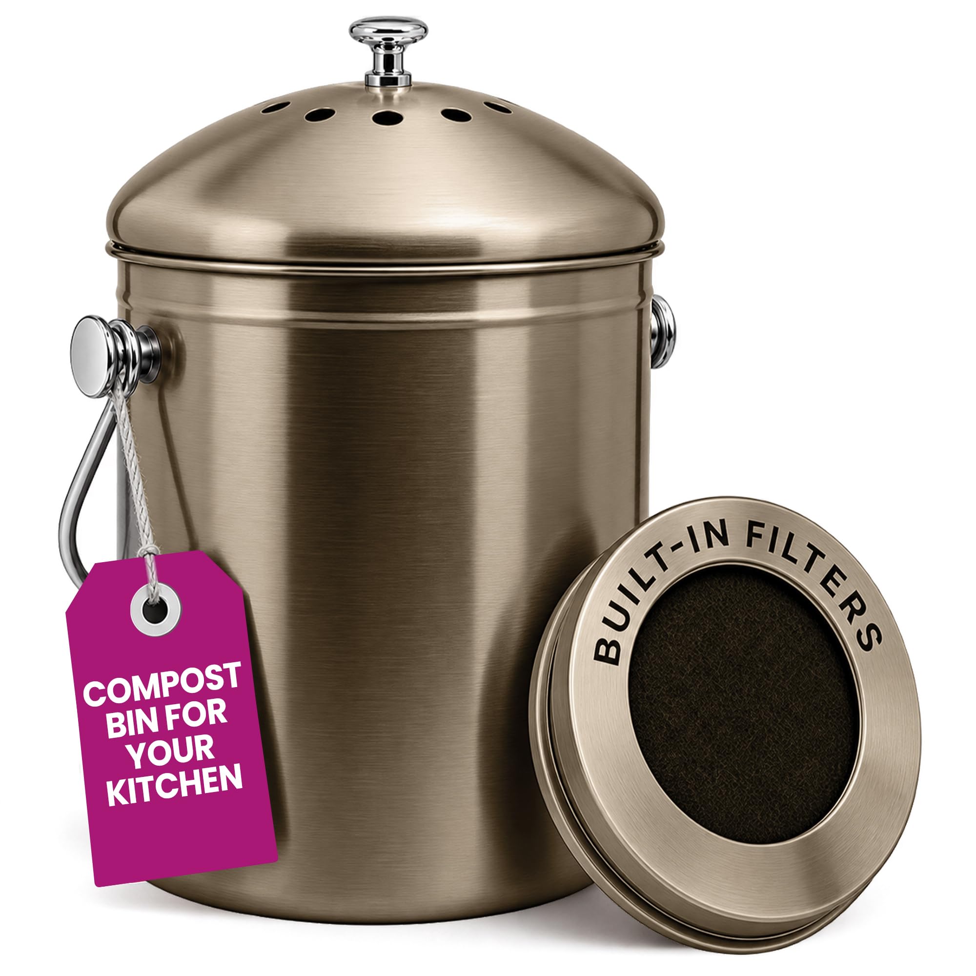Epica Kitchen Compost Bin for Kitchen Countertops, 1.3 Galllon - Bronze