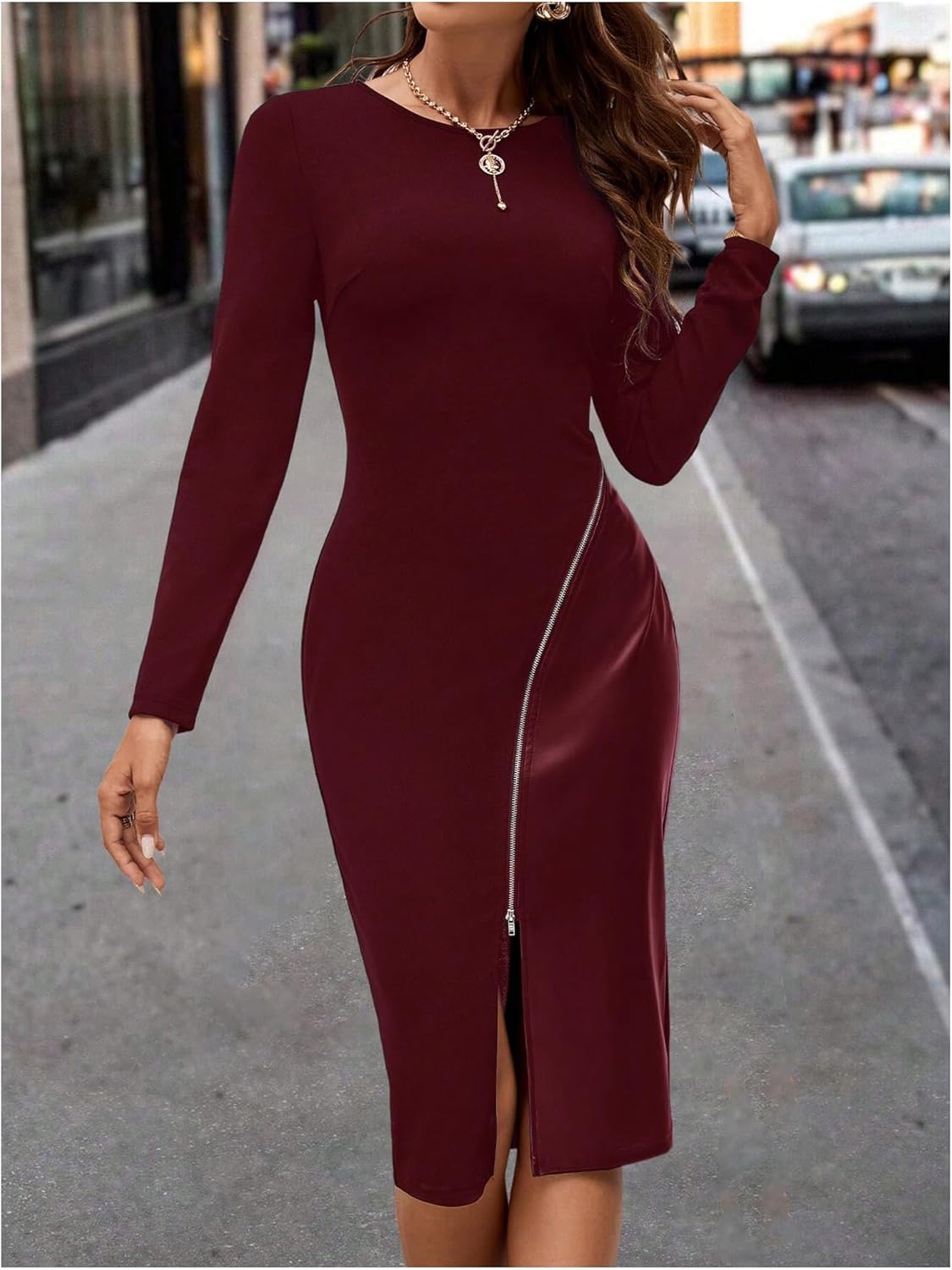 SOLY HUX Women's Patchwork Leather Zipper Dress Crew Neck Long Sleeve Split Hem Elegant Bodycon Dress - Image 4