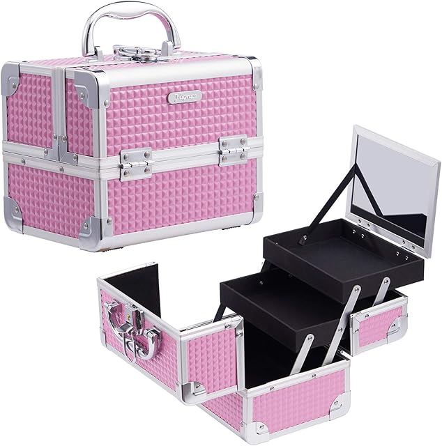 Joligrace Girls Makeup Box with Mirror Vanity Case Jewelry Organiser Nail Box Cosmetic Case Light Weight, 2 Trays Lockable with Keys (Pink)
