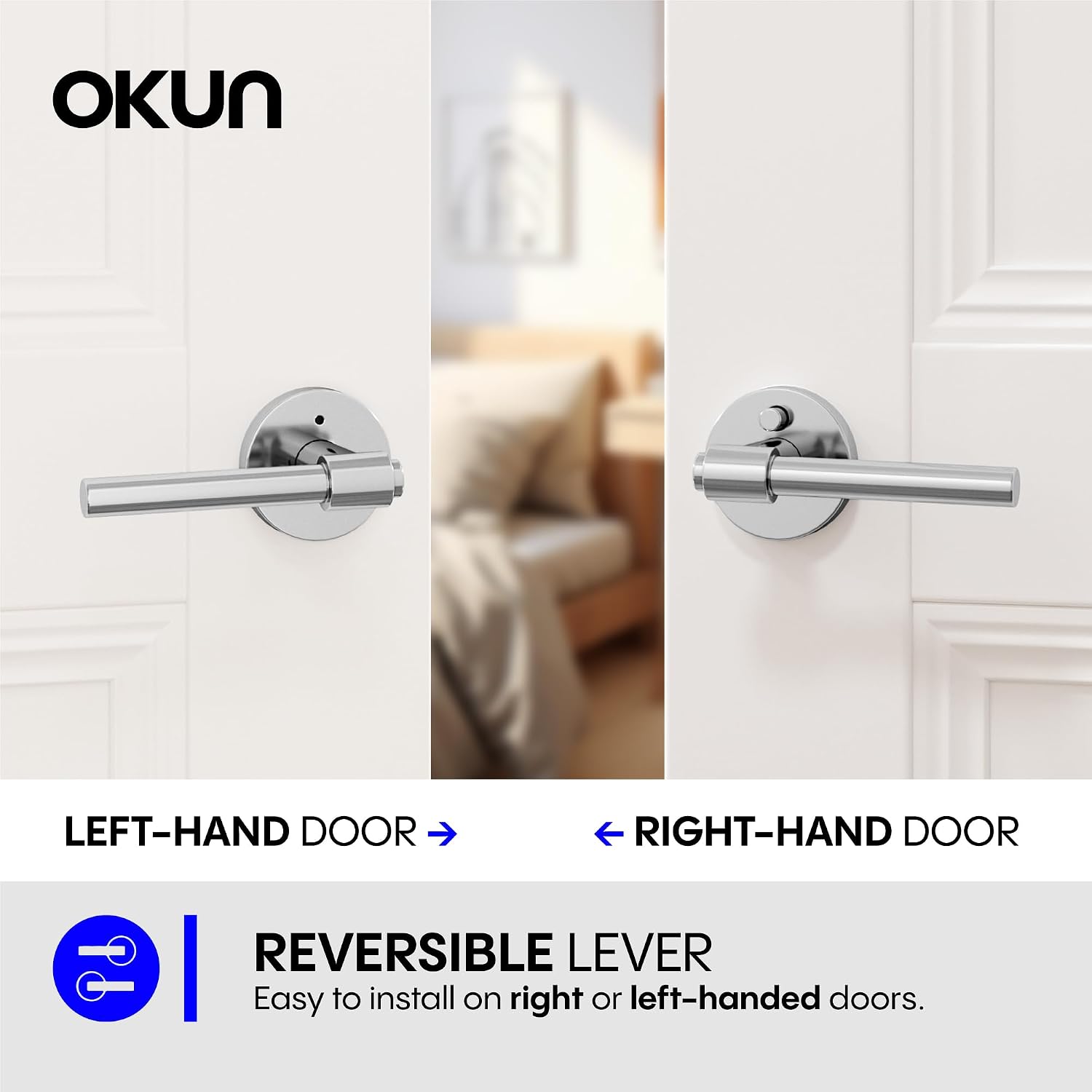 Okun Zen Privacy Door Handle, Chrome Door Lever 1-Pack – Push Button Lock for Bedroom & Bathroom, Reversible Interior Door Handles with Sleek Concealed-Mount Modern Design