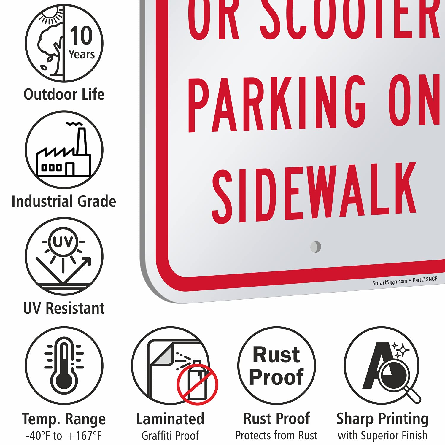 SmartSign 18 x 12 inch “No Motorcycle Or Scooter Parking On Sidewalk” Metal Sign, 63 mil Laminated Rustproof Aluminum, Red and White, Made in USA