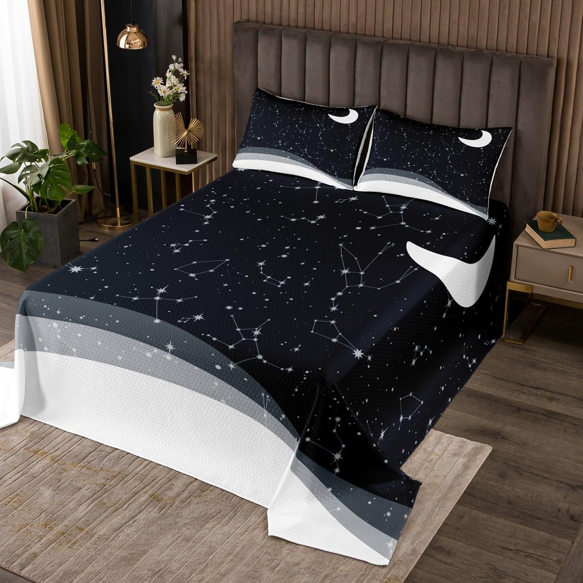 Erosebridal Moon Print Bedspread Queen Size Sparkle Stars Quilt Set for Kids Boys, Horoscopes Zodiac Coverlet Set Constellations Astrology Bedding Set, Starry Sky Bed Cover, Black 3pcs