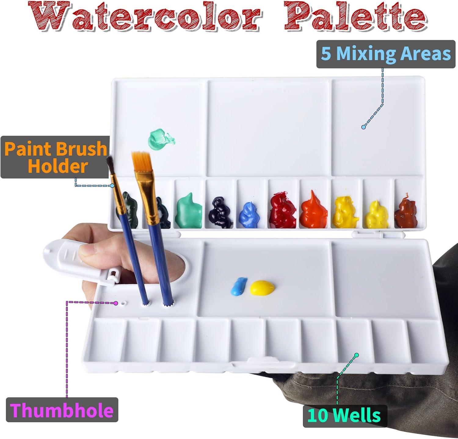 5 Pack Watercolor Palette, Halobios Paint Palette with 20-Well and 5 Mixing Areas, Folding Paint Tray with Lid, Plastic Painting Palette for Children Beginners Artists