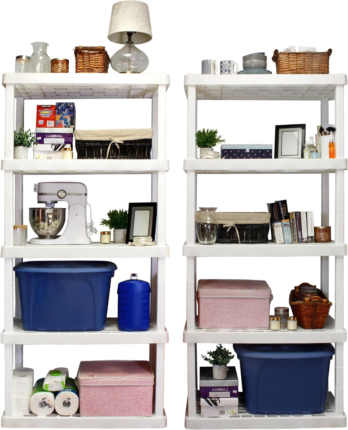 Oskar Heavy Duty Plastic Storage Shelves- for Garage, Kitchen, Bathroom Basement, Kids Room, Toys,Stackable 5-Tier White, Organizer Rack for Books Shoes, Pantry, Cleaning and Closet Organization