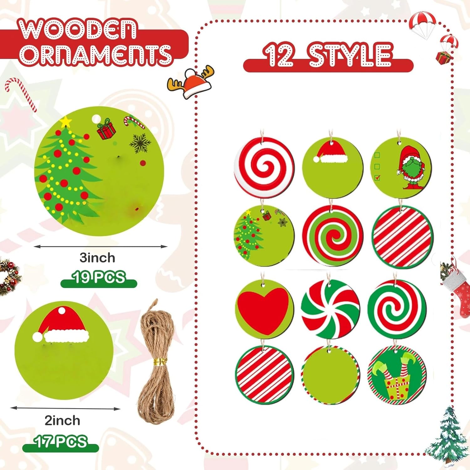 Syhood Whimsical Christmas Tree 5ft Bendable Pop up Collapsible 1 Minute Christmas Tree with 36 Wooden Ornaments for Indoor Outdoor Home Office Holiday Xmas Party Decor Supply