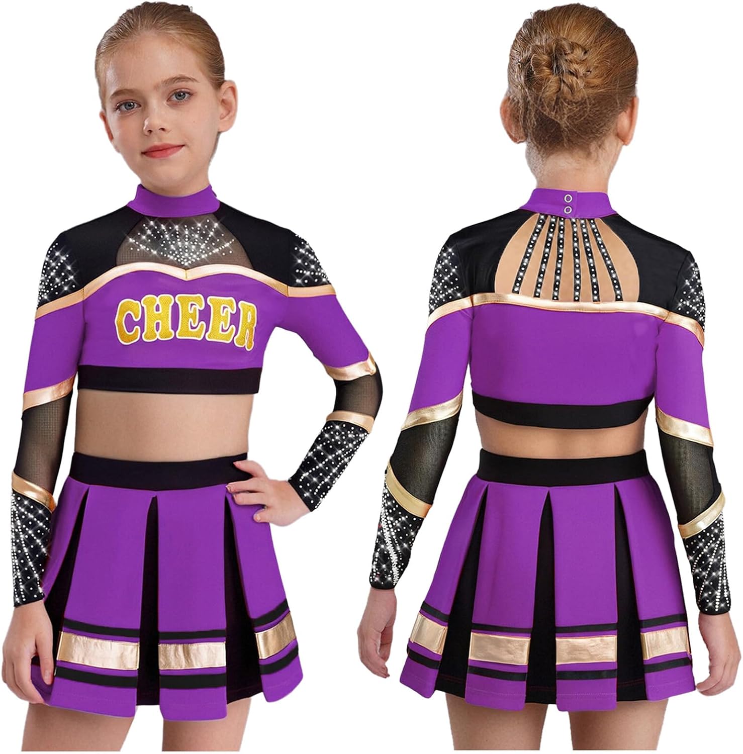 Girls 2 Piece Cheerleading Uniforms Set Shiny Rhinestone Long Sleece Strappy Back Crop Top with Pleated Skirt Outfit