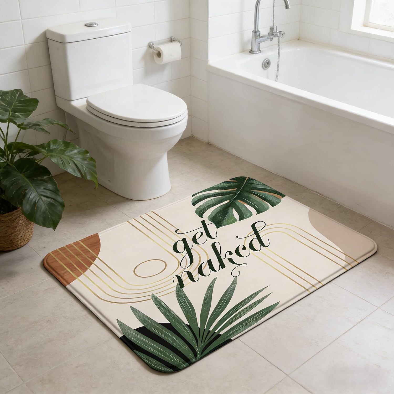 Mid Century Green Boho Bath Mat Tropical Leaves, 18x30 Inch image 3