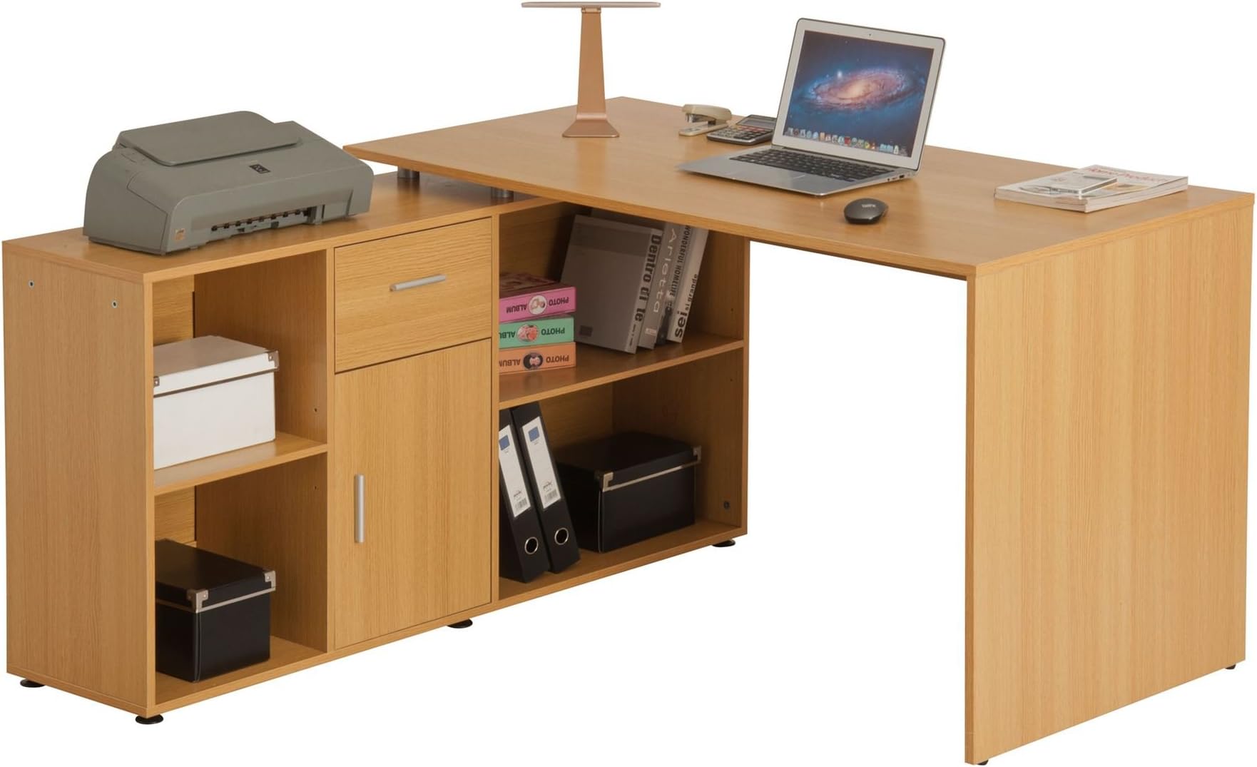 Large Four Way Combination Computer Desk with Cupboard, Drawer and Shelves Matching Oak Effect - Piranha Furniture Empress