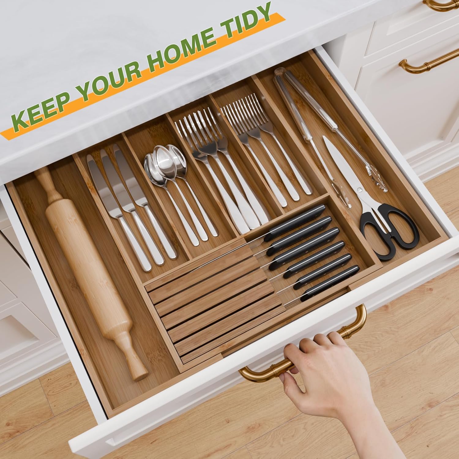 Bamboo Kitchen Silverware Drawer Organizer - Expandable Wood Utensil Holder with Dividers, Luxury Cutlery Storage Tray for Kitchen Utensil and Flatware (5-7 Slots with Removable Knife Block, Walnut)