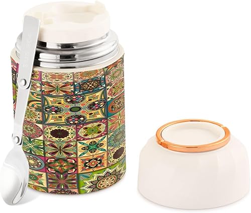 Miniatura 1 de MCHIVER Vintage Mandala - Tarro de comida con cuchara de acero inoxidable aislado al vacío, contenedor de alimentos de 17 onzas para comida caliente
