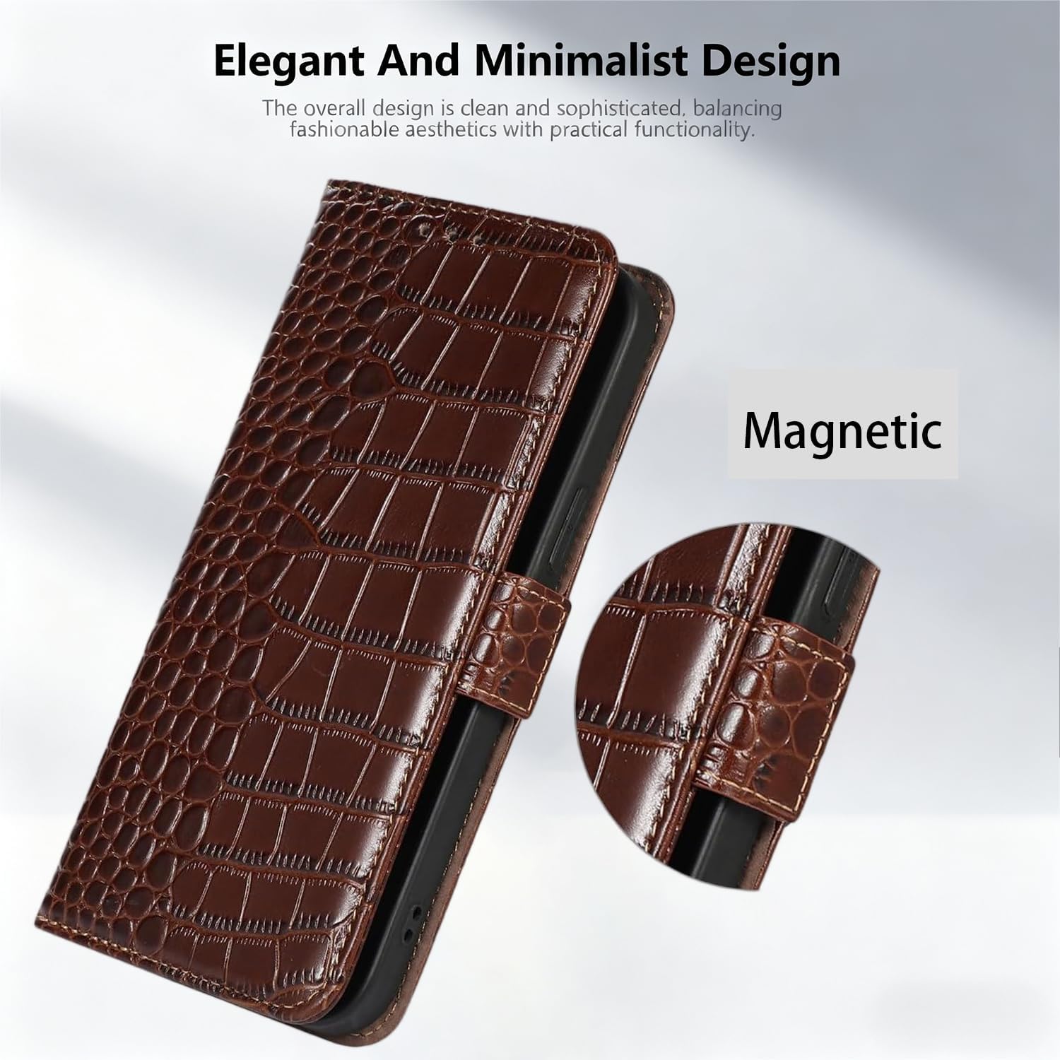 Genuine Leather Case for iPhone 16 with 3 Credit Card Slot RFID Blocking,Crocodile Pattern and Magnetic Closure with Full Body Screen Camera Protective Flip Cover - Brown