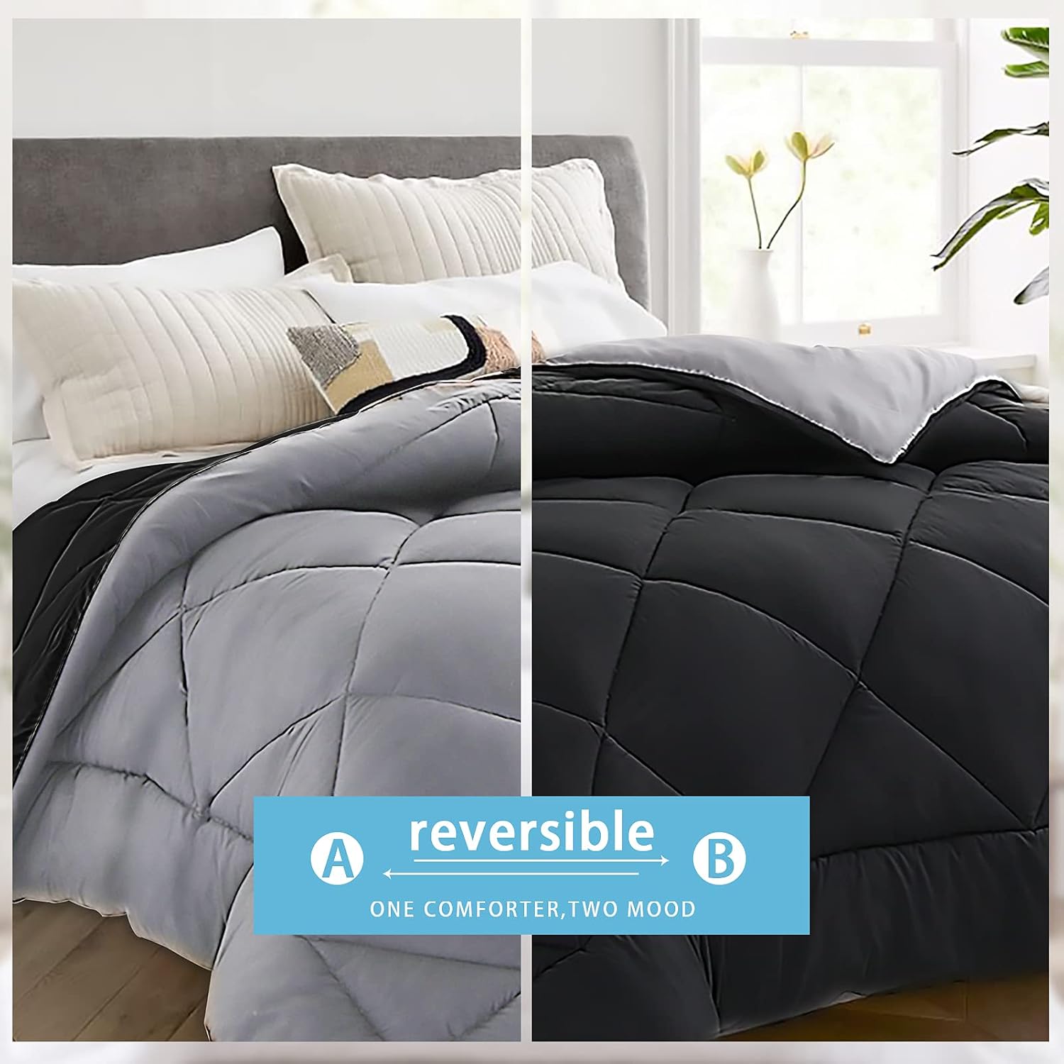 Vonabem Queen Comforter All Season Duvet Insert Comforter Down Alternative Comforter Quilted Fiber Fluffy Lightweight Reversible Bedding with Corner Tabs (88x88 inches, Black/Dark Gray)