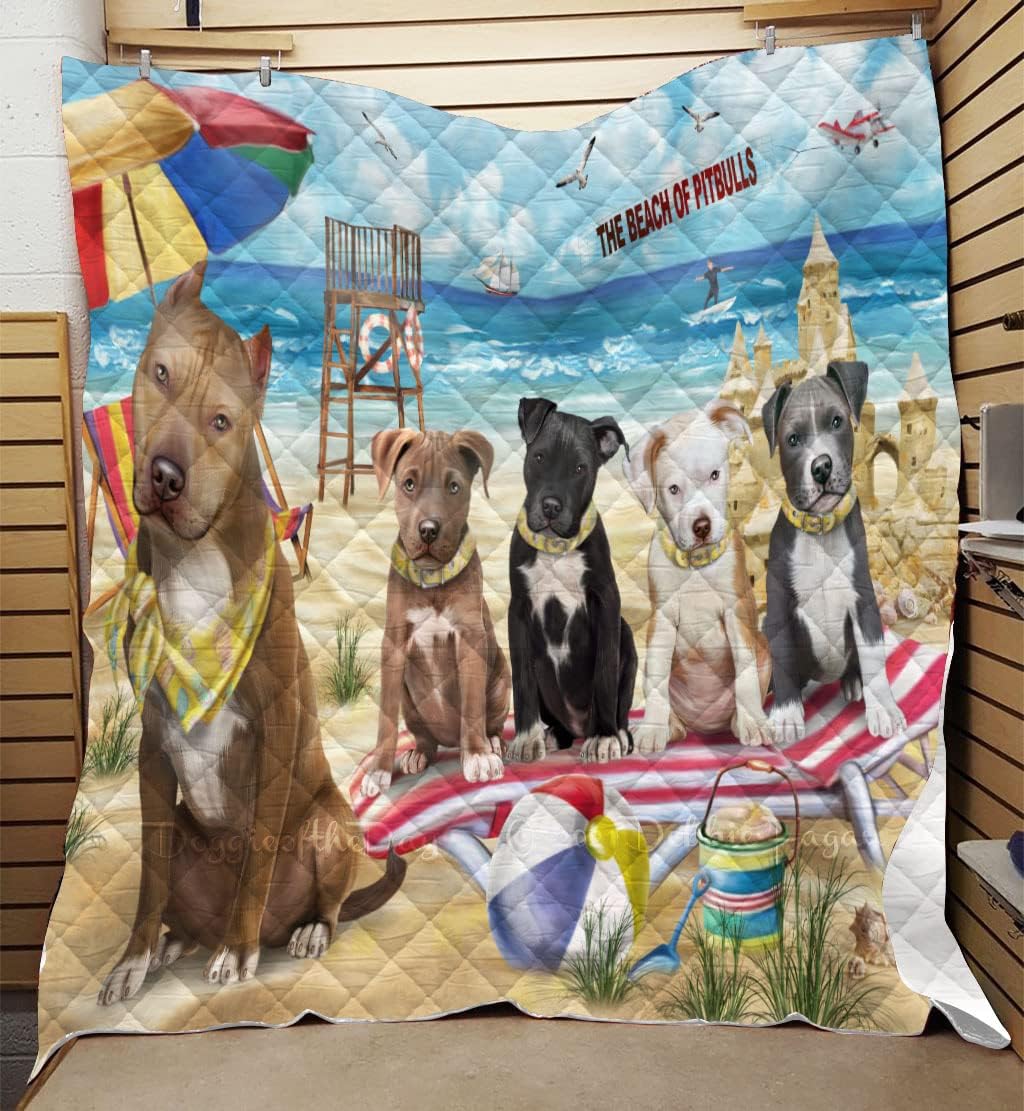 Pet Friendly Beach Pitbull Dog Quilt Bed Coverlet Bedspread - Pets Comforter with Unique One-Side Animal Printing - Soft Lightweight Quilt - Washable 100% Polyester, 50"x60"