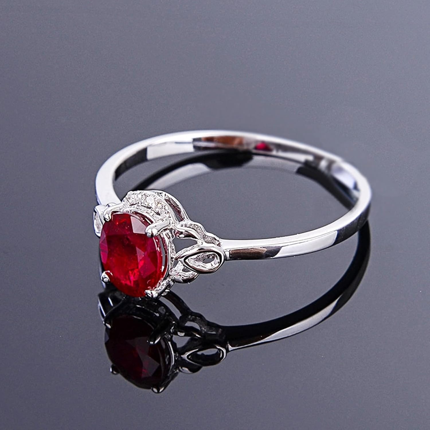 Ruby Engagement Ring, Valentines Day Ring 18K White Gold Ruby Oval Hollow Jewelry Ring Proposal Gifts for Women