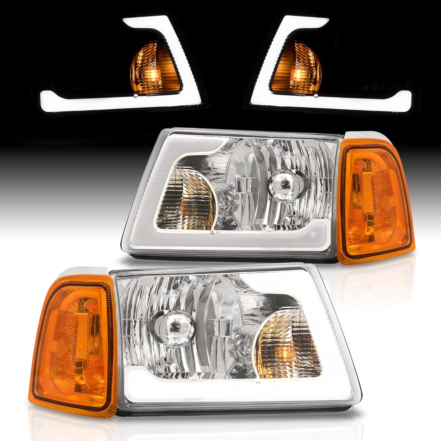 AJP Distributors Chrome Housing LED DRL Headlights Assembly + Amber Corner Bumper Signal Lamps Set Compatible/Replacement For Ranger Pickup Truck 2001 2002 2003 2004 2005 2006 2007 2008 2009 2010 2011