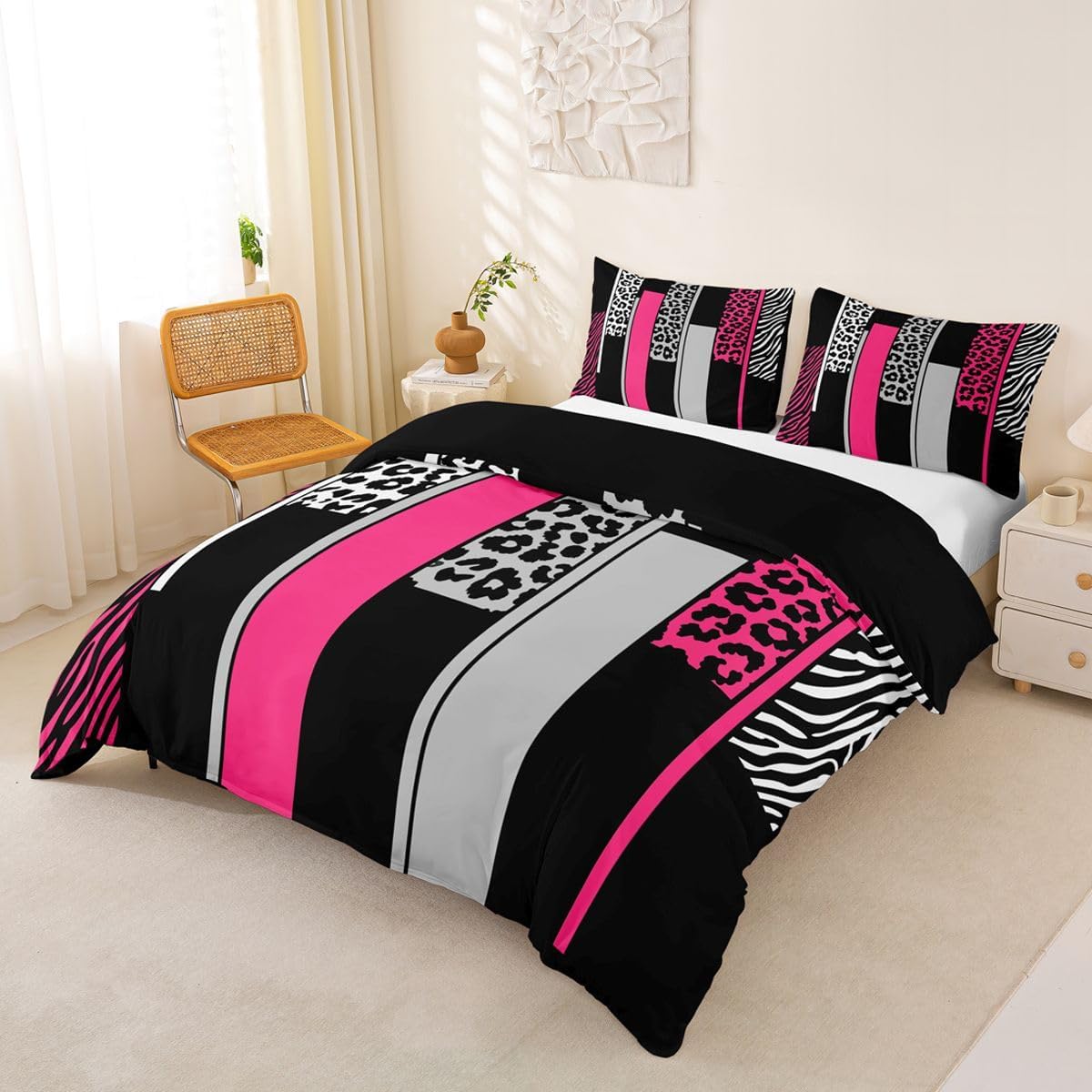Feelyou Ombre Pink Grey Bedding Duvet Cover Set Queen Size Leopard Bedding Set for Kids Boys Girls Decor Animal Print Comforter Cover Set Safari Zebra Print Bedspread Cover Bedroom Bedclothes