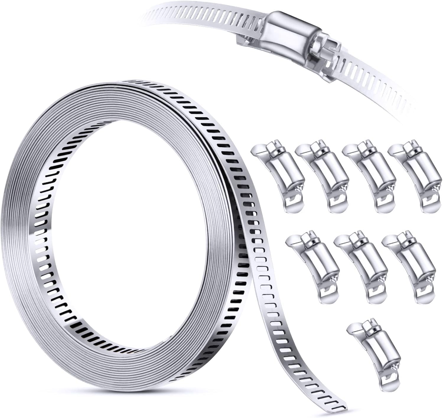 304 Stainless Steel Hose Clamp Assortment Kit DIY, Cut-To-Fit 12 FT Metal Strap+8 Stronger Fasteners,Large Adjustable Worm Gear Band Hose Clamps Screw Clamps Duct Pipe Metal Clamp Strapping