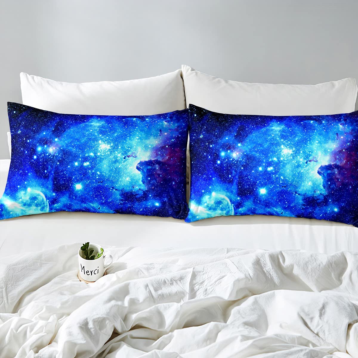 Loussiesd Juego de ropa de cama de galaxia para niñas y niños, diseño de cielo estrellado, azul con la Vía Láctea, tamaño Super King, 3 piezas