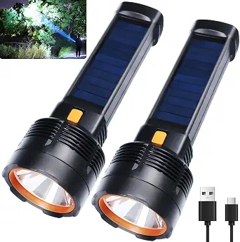 Queena 2 Pack LED Rechargeable Flashlight - 100000 Lumens, Waterproof, Solar & USB-C Powered