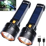 Queena 2 Pack LED Rechargeable Flashlight - 100000 Lumens Super Bright Solar Flashlights, Compact & Waterproof Flash Light for Home, Camping,Hiking, Emergencies, Adventures