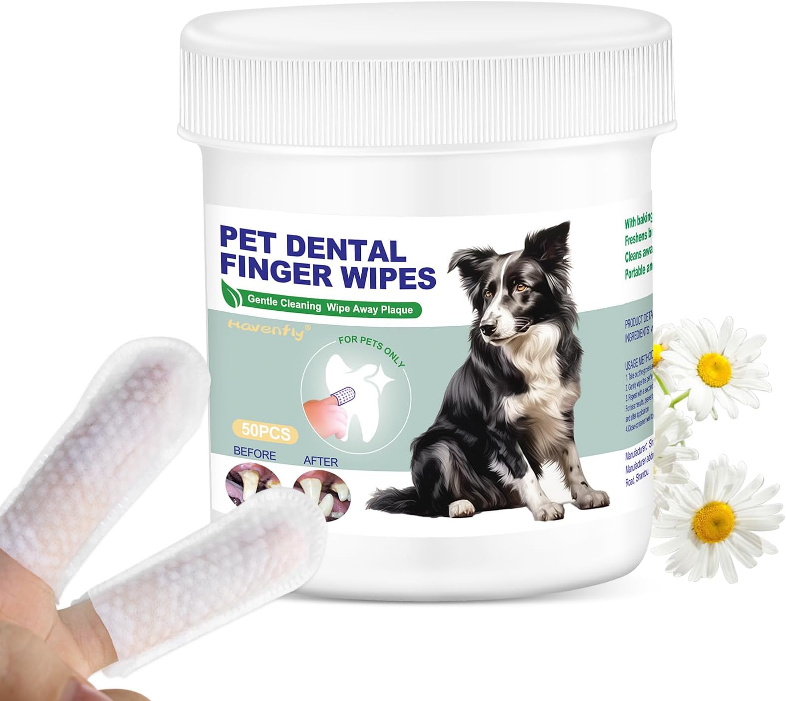 Teeth Cleaning Finger Wipes 50pcs for Dogs & Cats, Disposable, Removes Bad Breath, Gentle Cleaning, Gum Care, Promote Pet Oral Hygiene