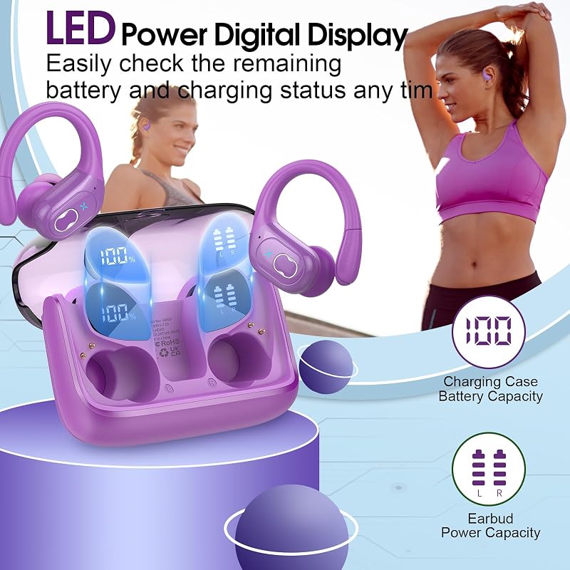 Wireless Earbuds 75H Bluetooth 5.4 Sport Headphones with Earhooks, Purple image 2
