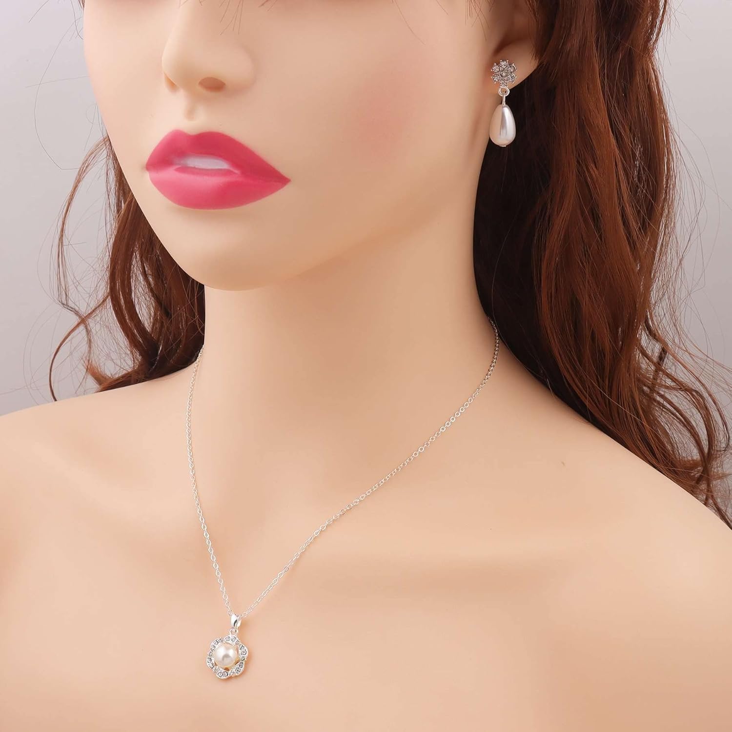 Bridesmaid Jewelry Set for Women 18K Gold & Silver & Rose Gold Plated Flower Pendant with Pearl Necklace Earrings Bracelet Set,Bridesmaid Gift for Wedding & Proposal/Party/Prom Gift