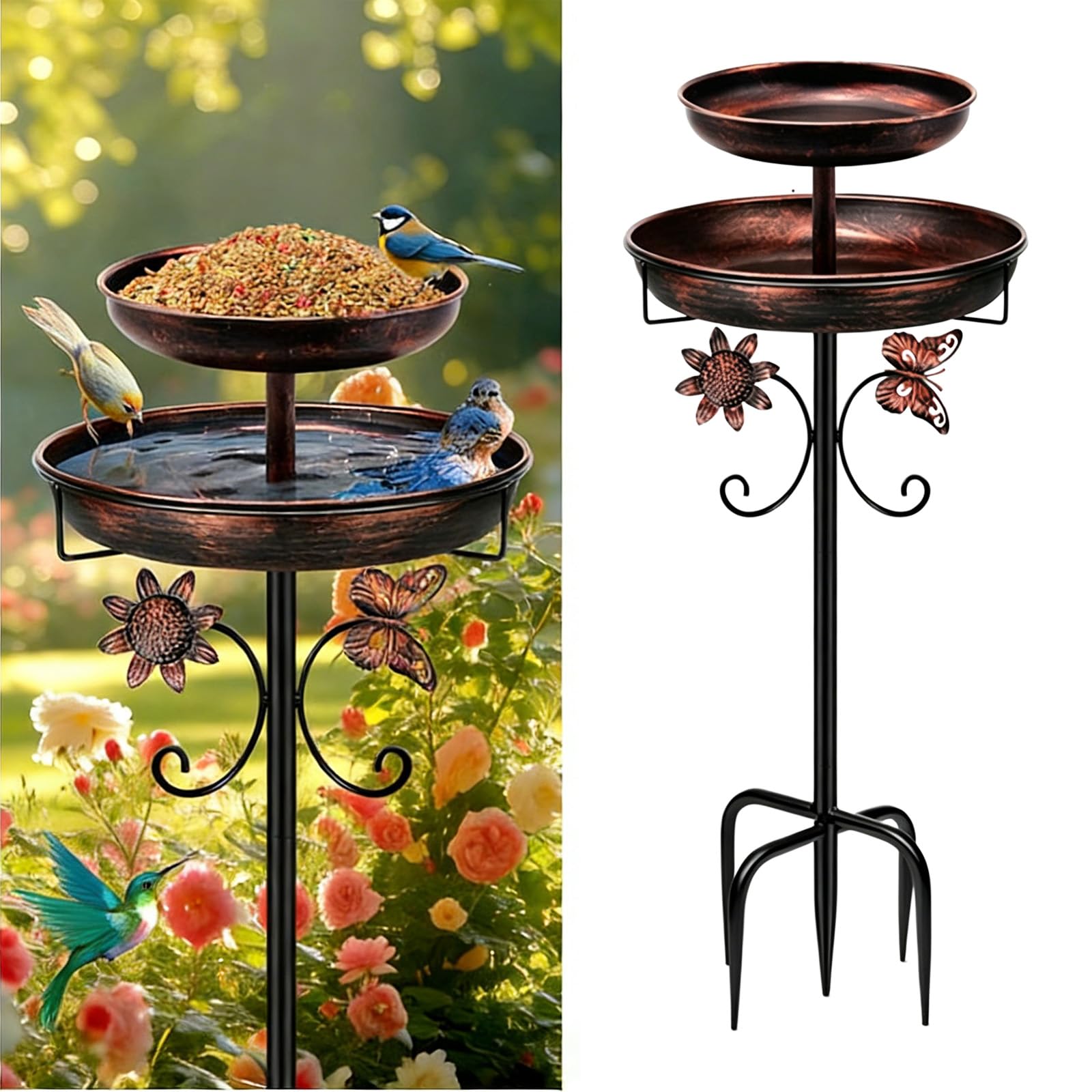 Soporte de metal para comedero de pájaros, doble función, resistente a la intemperie, fácil montaje, base estable, cuenco de metal para pájaros