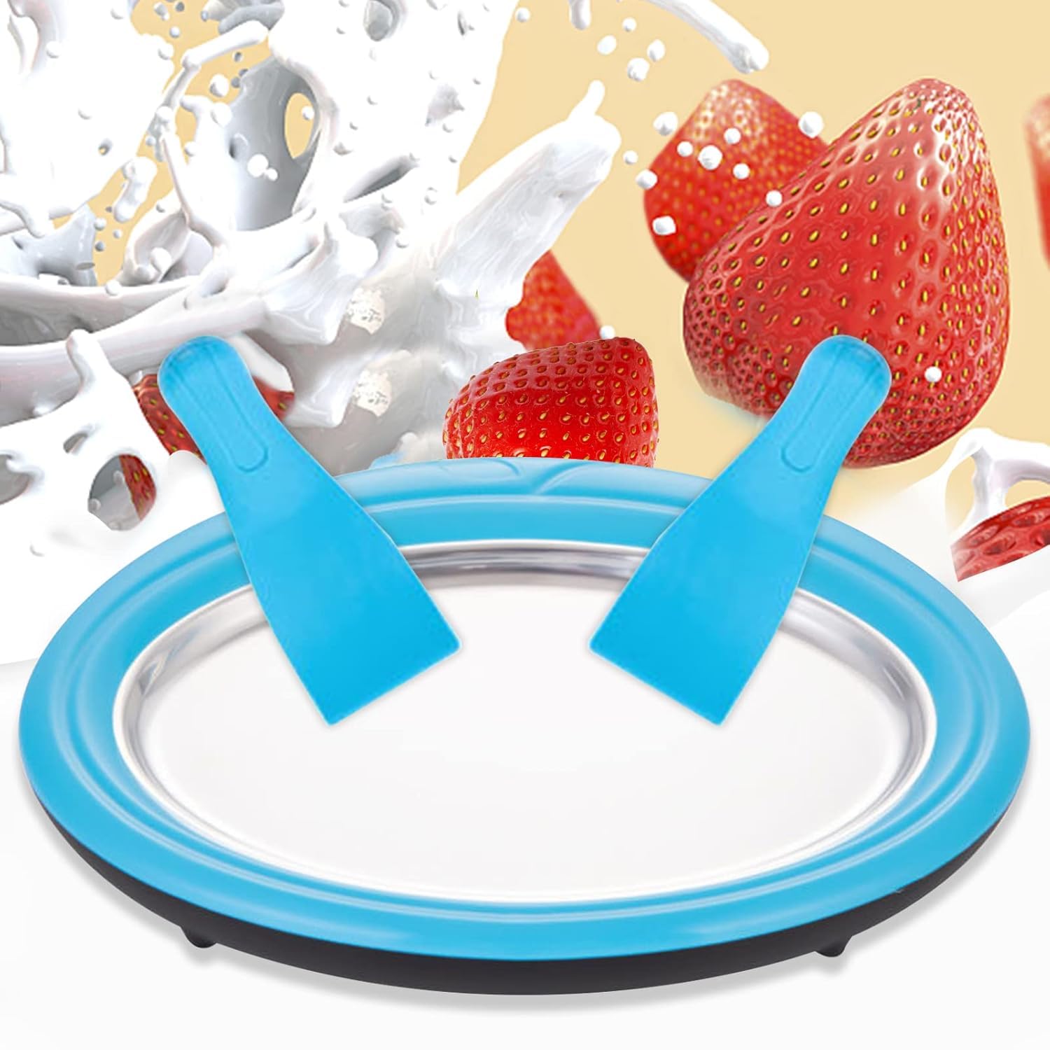 Ice Cream Maker Pan, Blue, Round Frozen Dessert Plate with 2 Spatulas-image-32