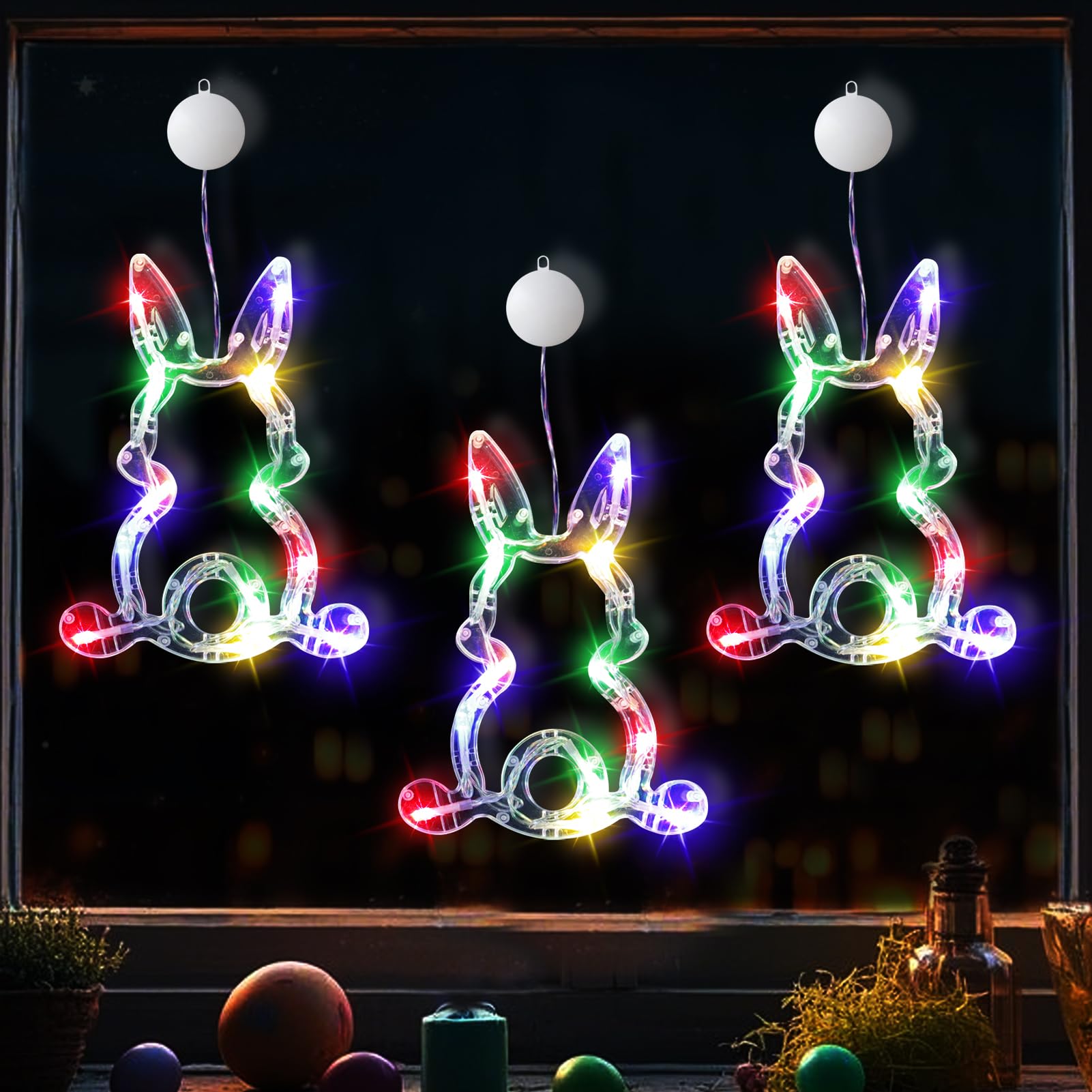 Easter Window Lights for Easter Decorations Indoor, Hanging Window Lights Battery Operated Multicolor Lighted Egg Bunny Shaped Sucker LED Lamp for 2025 Holiday Indoor Home Decor (Multicolor)
