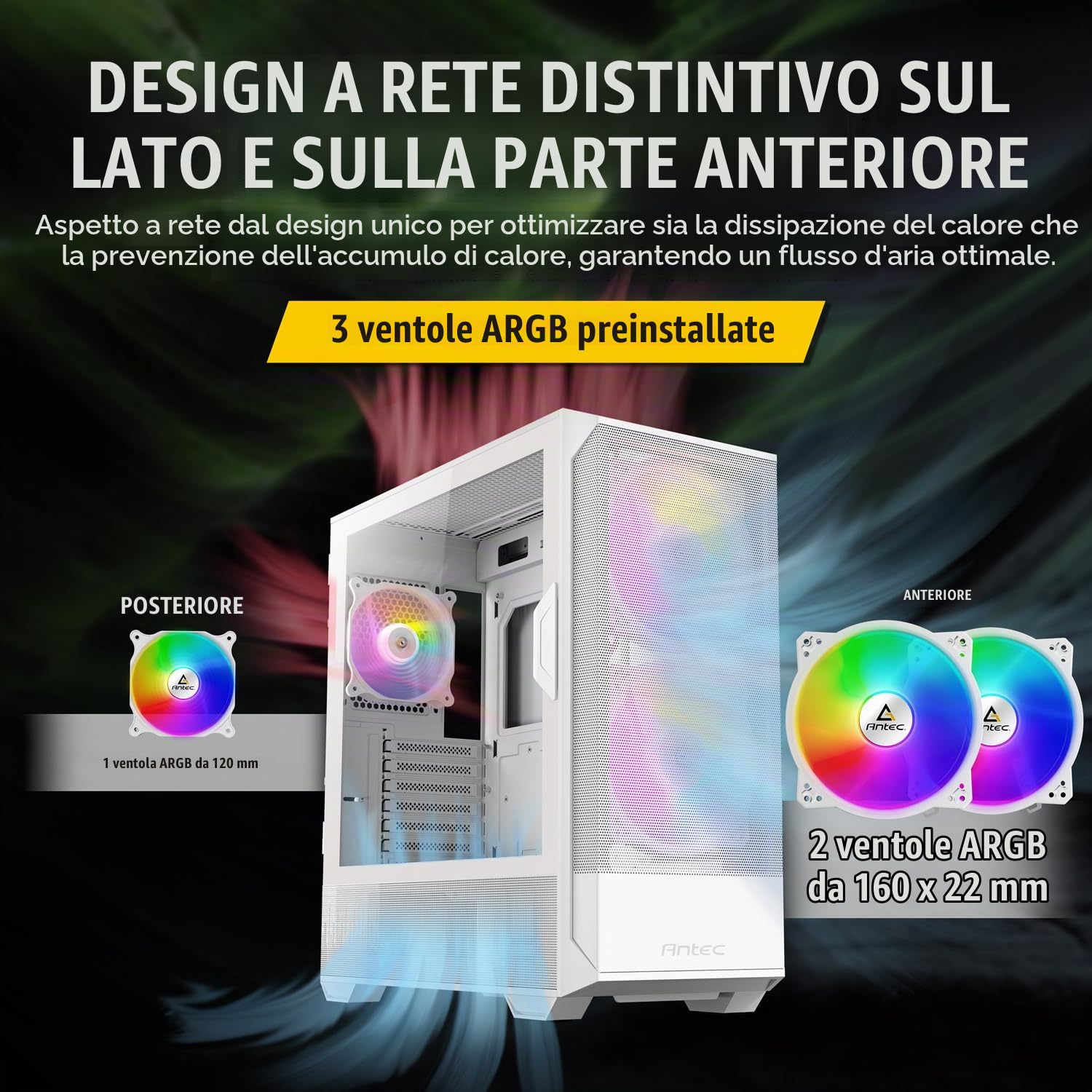 ANTEC NX416L bianco, pannello frontale in rete ad alto flusso d'aria, 2 ventole ARGB da 160 mm e 1 da 120 mm incluse, pannello laterale con cerniera in vetro temperato, fino a 11 ventole, supporto