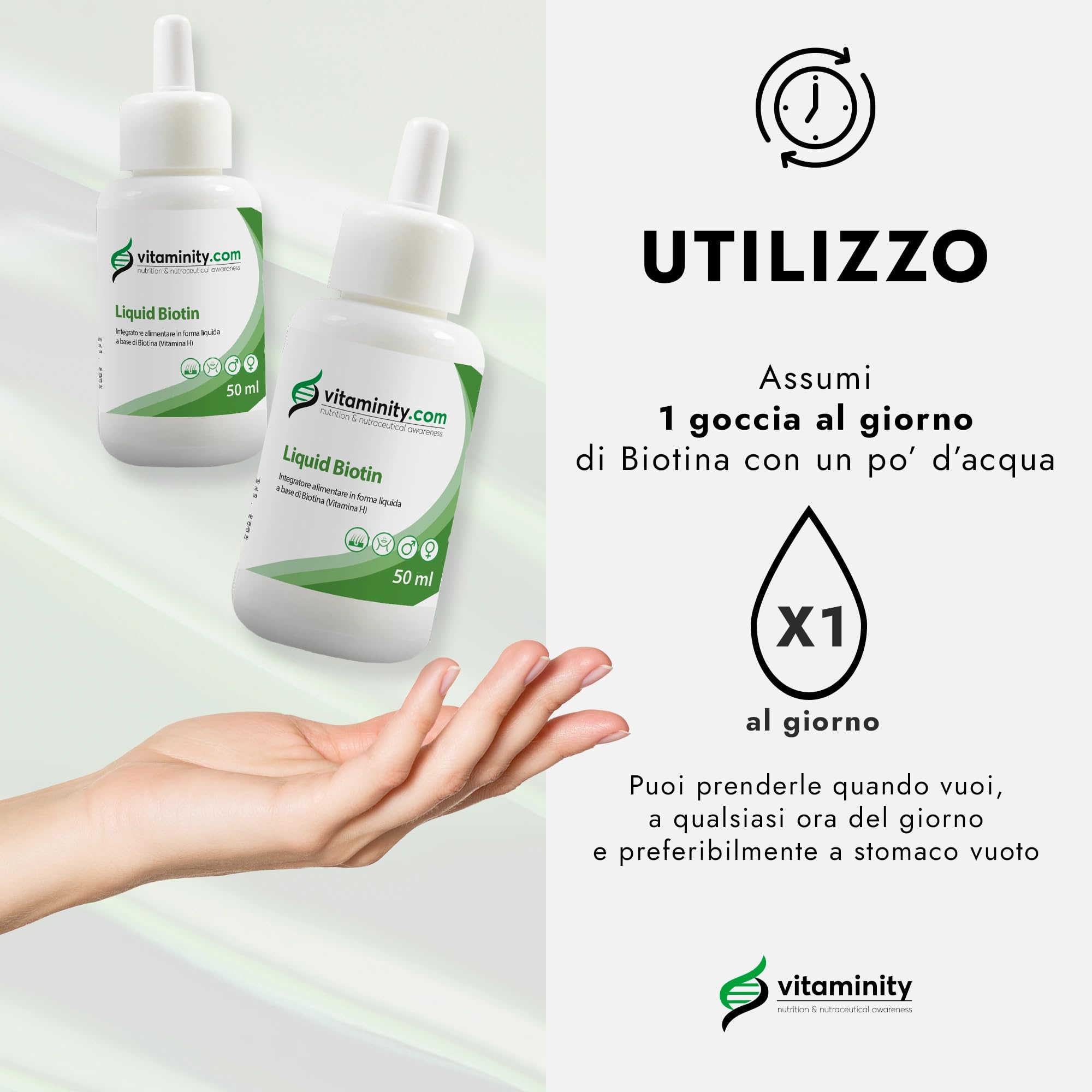 Vitaminity Biotina Liquida 50 ml 900 gocce 1 al giorno, Integratore Biotina per Capelli, Pelle e Unghie, Vitamina H ad alta biodisponibilità - Made in italy