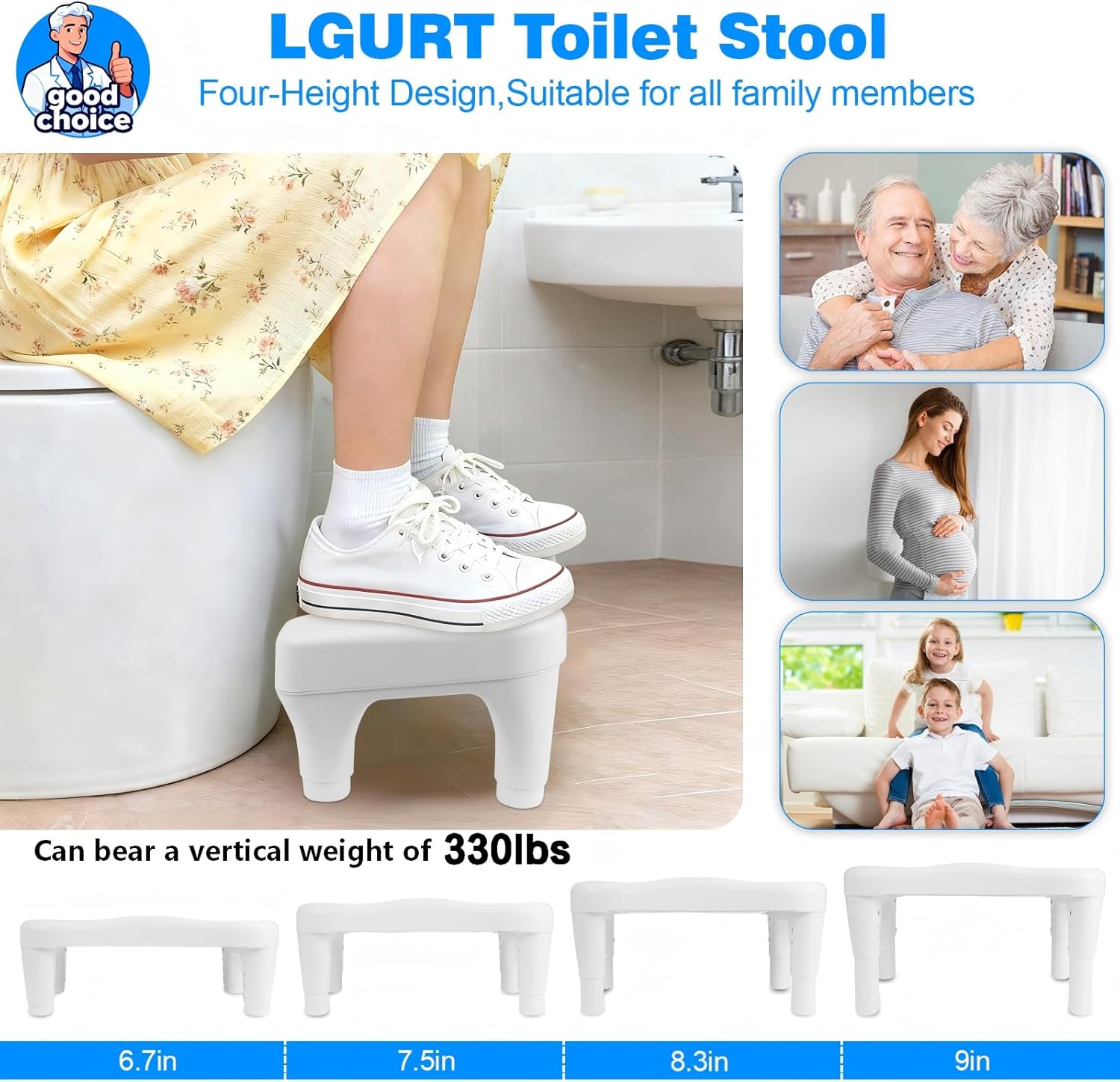 Toilet Stool for Adults, Seniors & Kids — Height Adjustable Poop Stool & Toilet Foot Stool with Non-Slip Feet for Squatting Position Support, Bathroom Step Stool for Potty Training & Daily Use
