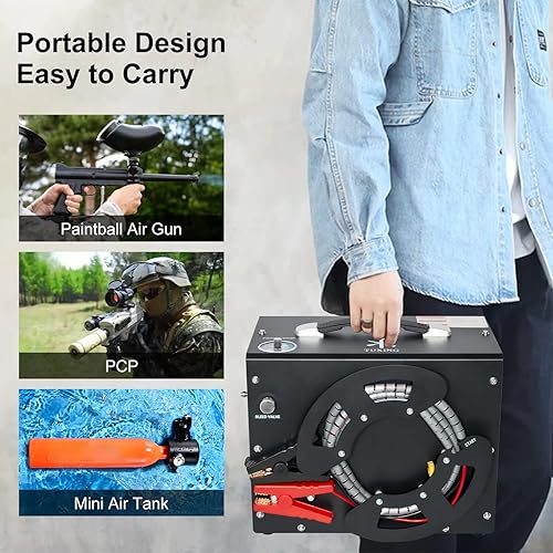 Vista 30 de TUXING Compresor de aire PCP de 4500 PSI, compresor PCP portátil, 12 V CC 110 V/220 V AC PCP Airgun compresor de parada automática, adaptador