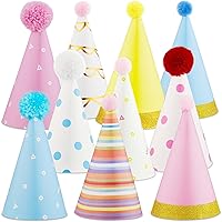 PixiPy 10 Colorful Cone Party Hats with Pom Poms & Gold Details - Fun Birthday Supplies for Kids, Adults, Pets
