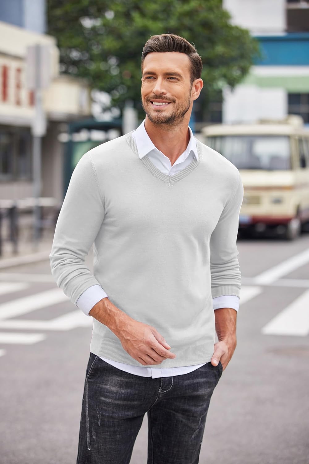 COOFANDY Men Casual V Neck Sweater Ribbed Knit Slim Fit Long Sleeve Pullover Top - Image 4