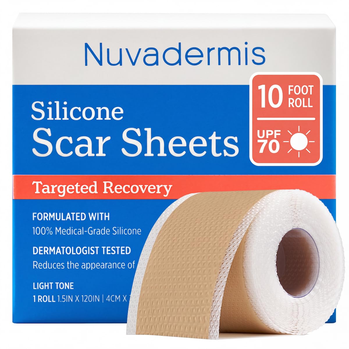 NUVADERMIS Silicone Scar Sheets for Surgical Scars, 10 ft Roll, Light