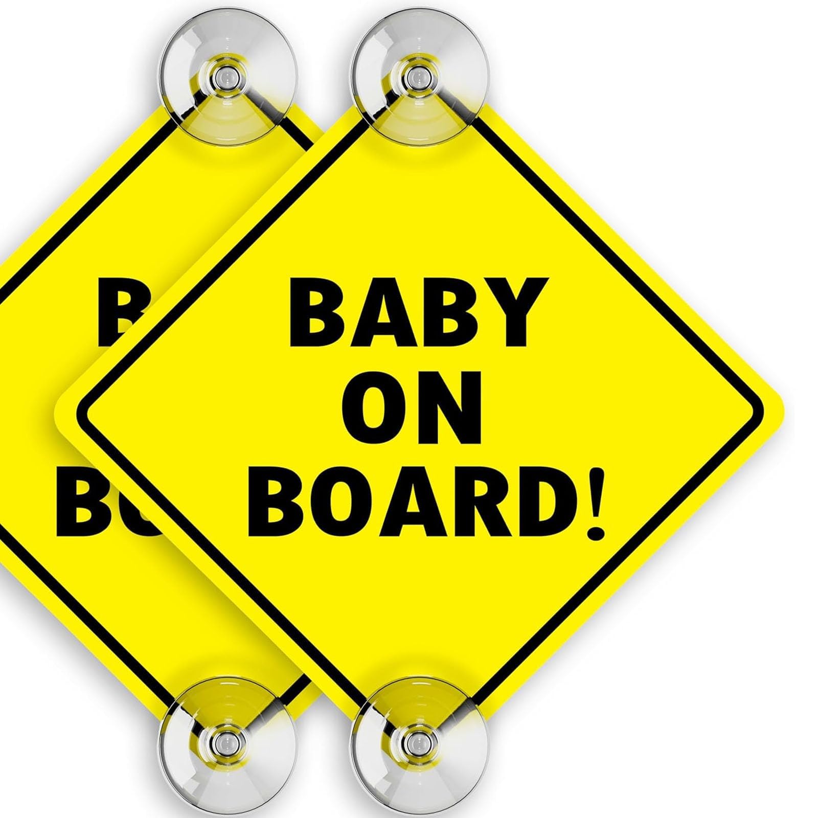 Baby On Board Sign for Car with Suction Cups - 2 Pack, 5" by 5" - Perfect for Baby, Toddler, Kid, Child - Bright Yellow, Durable and Strong Suction