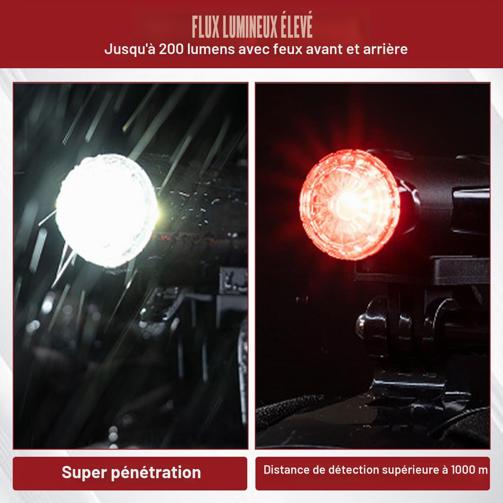 Lot de 2 éclairages pour casque de vélo, double éclairage avant et arrière pour casque de vélo, lampe torche portable rechargeable par USB, 5 niveaux de gradation, avertissement à 360° pour