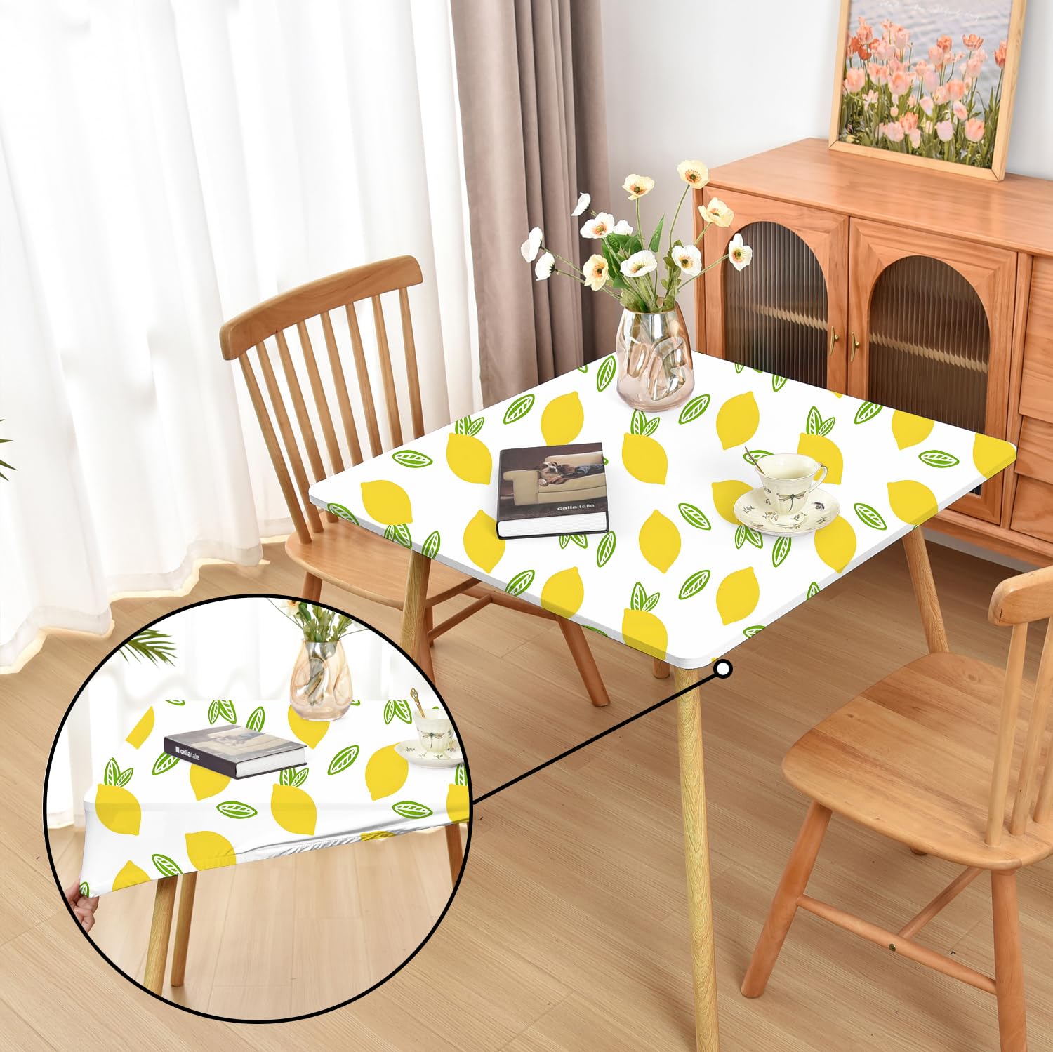 Summer Yellow Lemon Fitted Tablecloth with Elastic for 42x42 inch Square Folding Tables Washable Stretchy Spandex Card Table Covers Cloth Fabric Table Cloths Not Vinyl