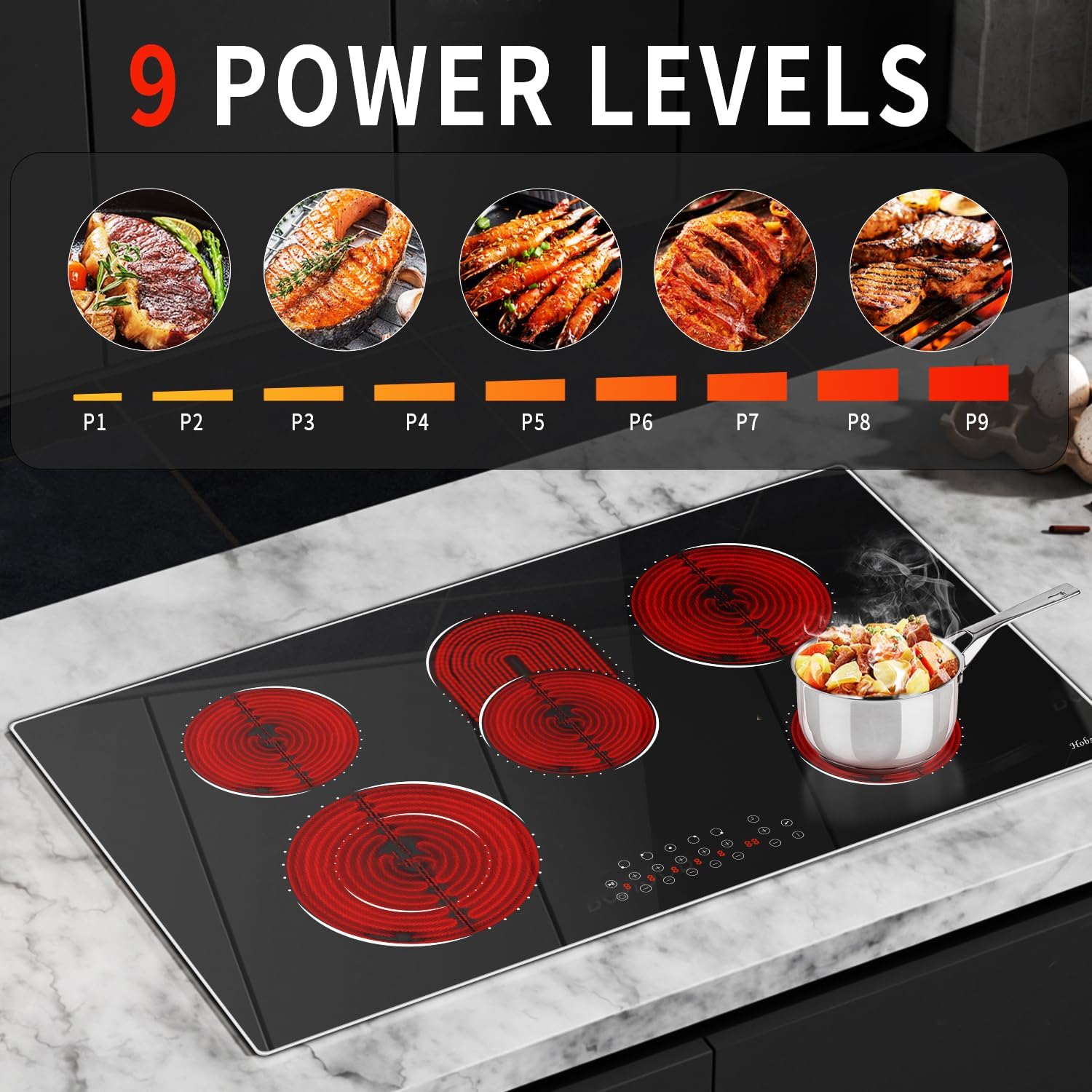 36 Inch Electric Cooktop Hobsir(Built in Size 29.14inch x 9.3inch), 5 Burner Electric Stove Top 8400W, 220V Hardwired Built-in Cook top, Dual Ring & Oval Burners Touch Control, Fits All Cookware