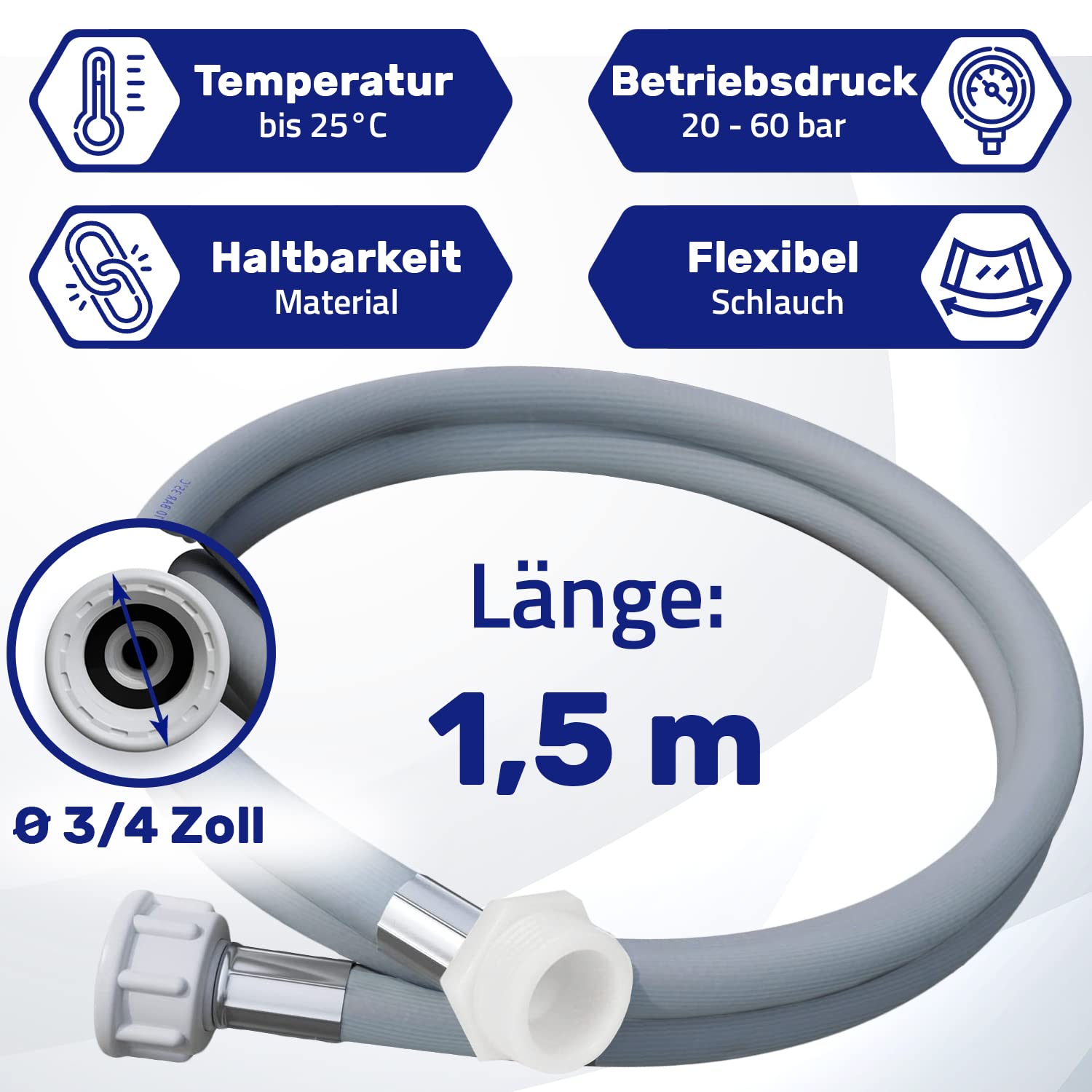 Zulaufschlauch Verlängerung 2,5m Für Waschmaschine & Geschirrspüler - 3/4 Zoll Made In Italy