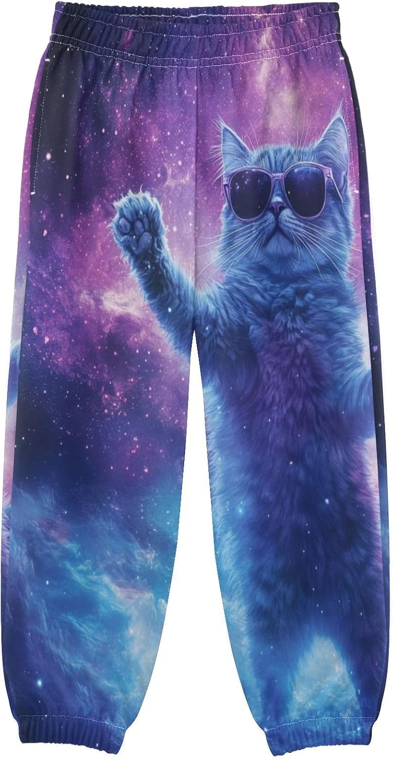 Boy Sweatpants Galaxy Univeres Cosmic Cat Joggers Casual Athletic Pants Kids Elastic Waist Cuffed with Pockets