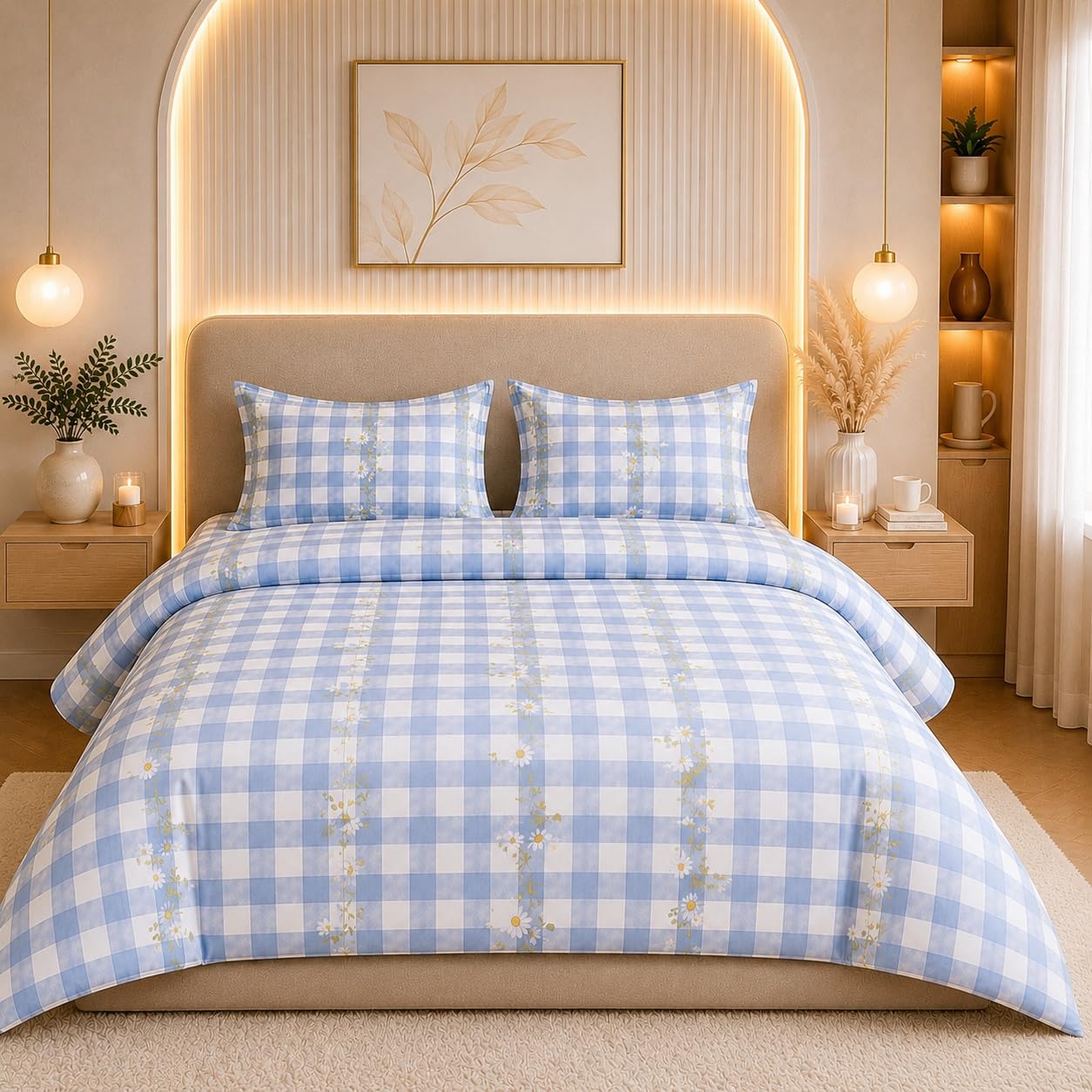 THE HOME STYLE Supersoft Glace Cotton Elastic Fitted All Around King Size Printed Double Bedsheet with 2 Pillow Cover & King Size Comforter/Duvet/Blanket (72"x78" + Comforter, Daisy Check)