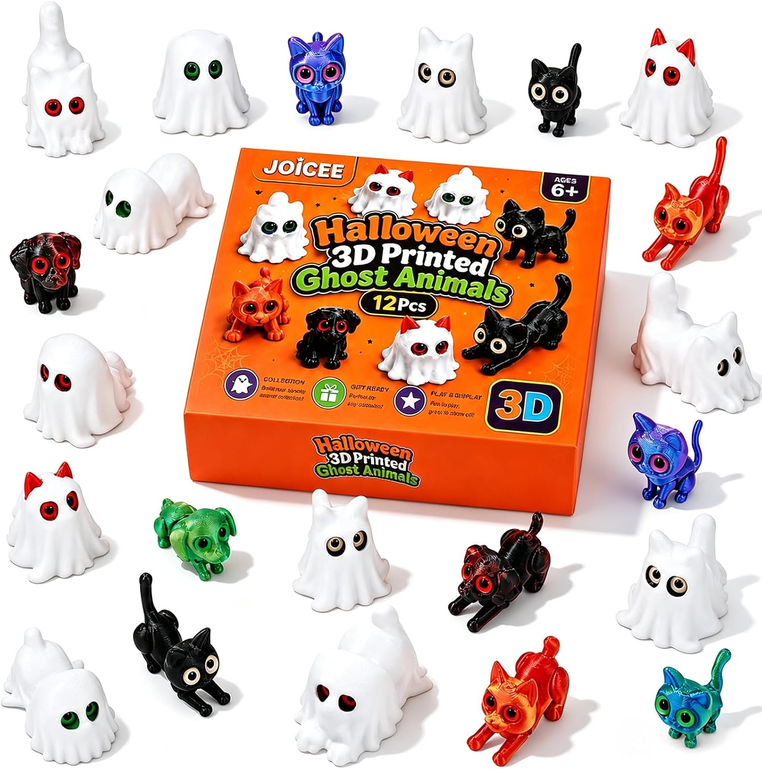 JOICEE 12Pcs Halloween 3D Printed Animal Figurines with Ghost Shape Shells