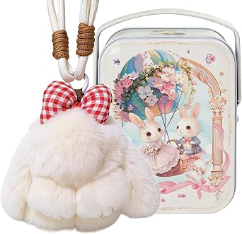 Handmade Soft Bunny Keychain, Easter Handcrafted Soft Bunny Charm Plush Rabbit Keychain with Metal Tin Box