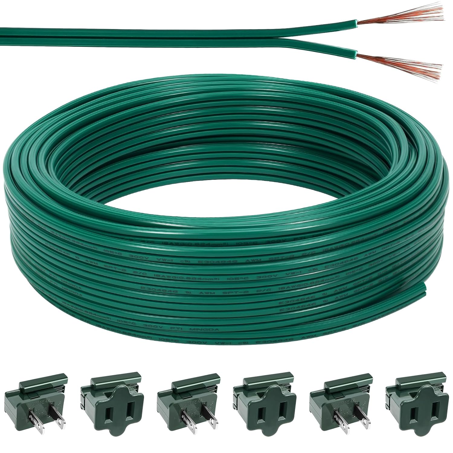 100FT SPT-2 Christmas Electrical Wire with 6pcs Vampire Plugs,18 Gauge Wire 2 Conductor Electrical Wire,18/2 Low Voltage Wire,18 AWG Wires Flexible Wires Extension Cord for Xmas Holiday Outdoor Light