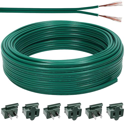 Cable eléctrico de Navidad SPT-2 de 60 pies con 6 enchufes de vampiro, cable de calibre 18, cable eléctrico de 2 conductores, cable de bajo voltaje