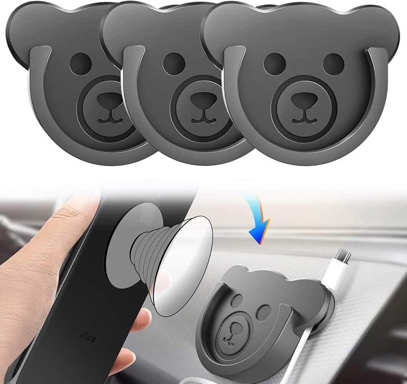 Socket Car Mount for Phone Holder Cute Bear Style Silicone Grip Stand with Phone line Clasp for Collapsible Socket User Used on Dashboard, Home, Office, Kitchen, Desk, Wall (Black) 3 Pack
